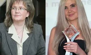 Dwie Anny Kalaty. Na pierwszym zdjęciu kobieta w okularach i marynarce, na drugim z nagrodą. Ile lat ma Anna Kalata?