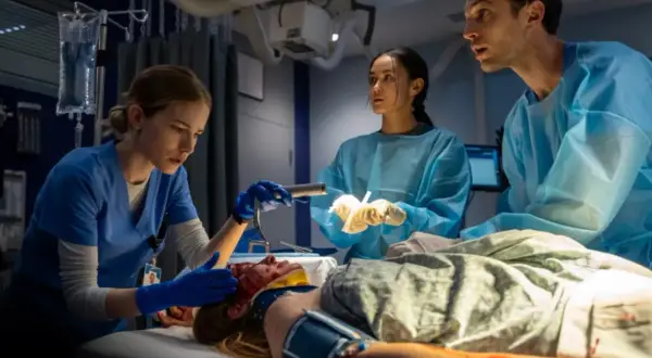 Trzej lekarze w niebieskich fartuchach ratują pacjenta na stole operacyjnym. Dlaczego popularny serial medyczny ma zakaz nagrywania w prawdziwych szpitalach?