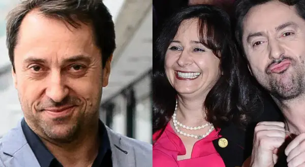 Marcin Miller z żoną, uśmiechnięta kobieta w perłach i różowej bluzce obok niego.