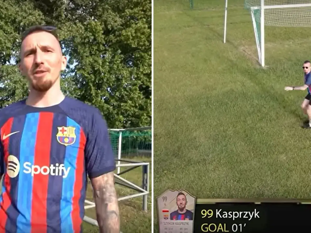 Szymon Isamu Kasprzyk w koszulce Barcelony na boisku. Obok plansza z jego nazwiskiem i wynikiem.