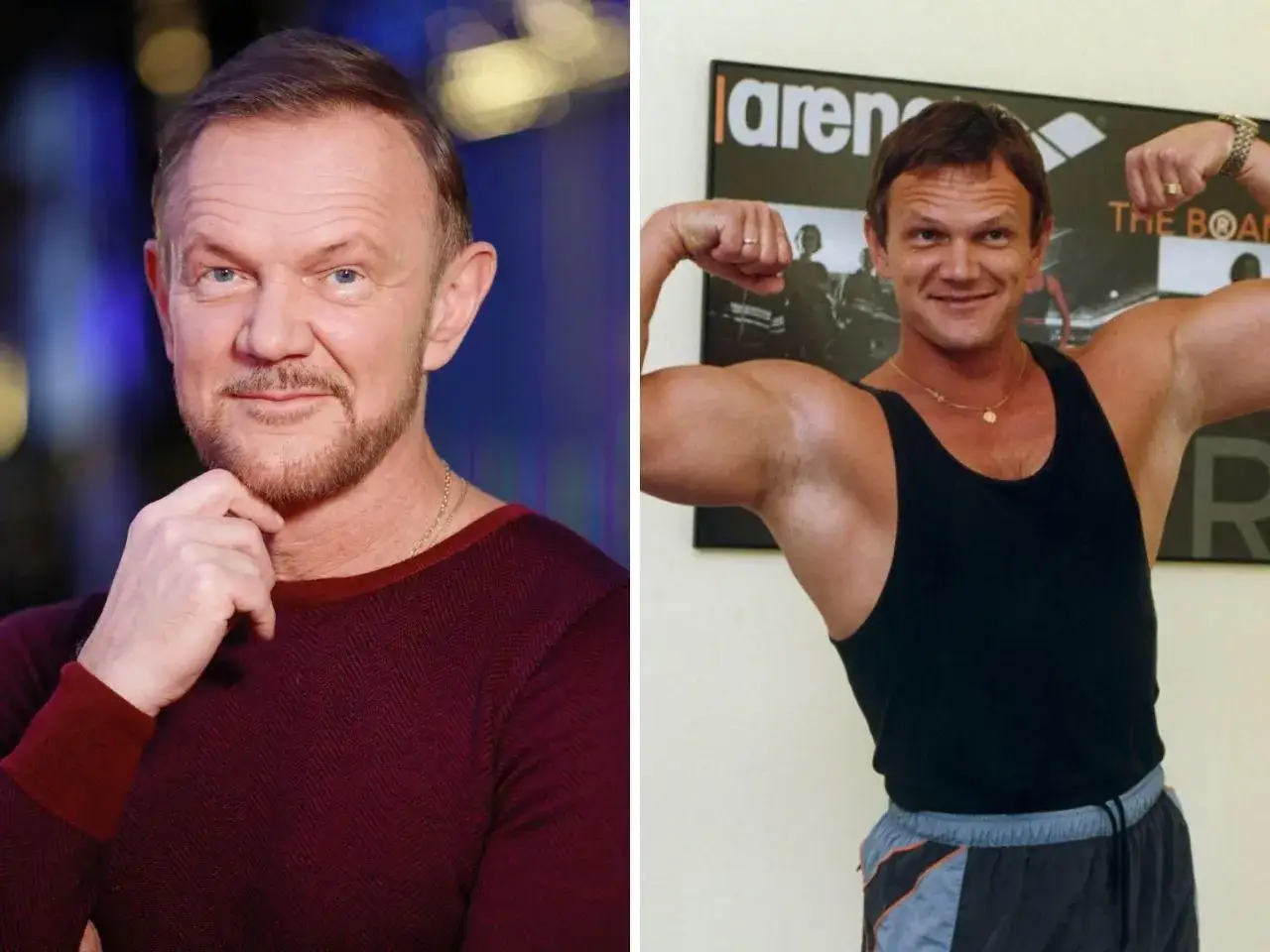 Cezary Pazura w dwóch odsłonach: starszy, z brodą, w swetrze i młodszy, muskularny, w podkoszulku. Ile lat ma Cezary Pazura?