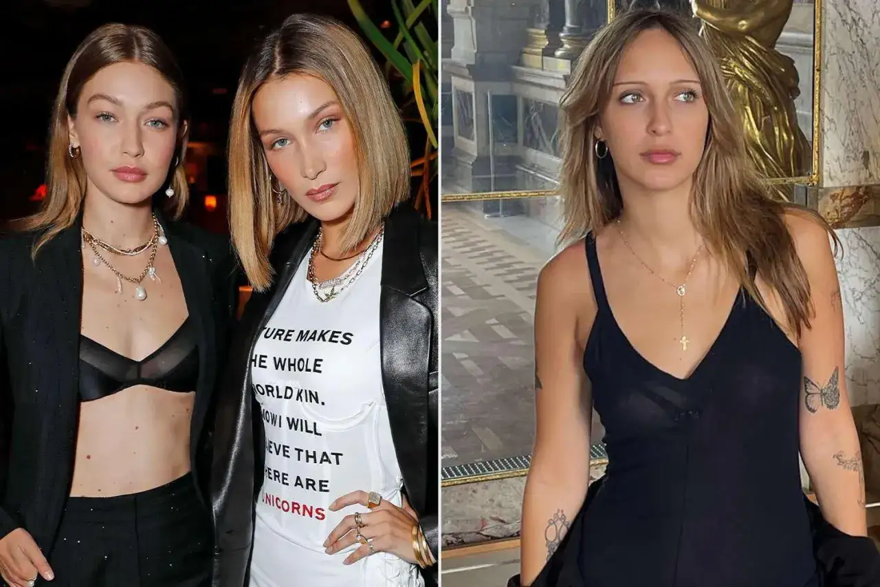 Bella Hadid wiek i jej siostra Gigi na zdjęciu. Bella w czarnej sukience, Gigi w białej koszulce z napisem.