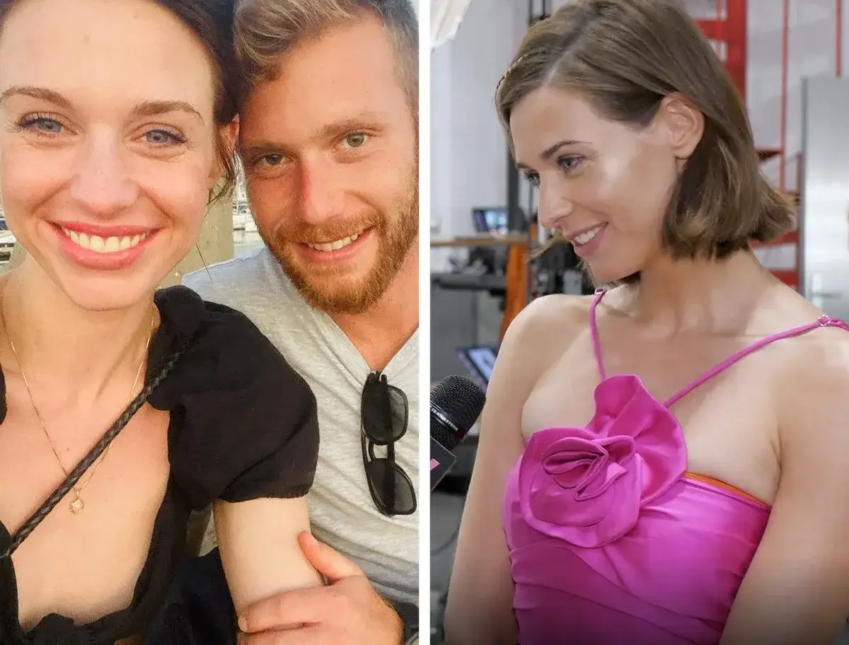 Julia Kamińska z partnerem, uśmiechnięci na zdjęciu. Po prawej Julia w różowej sukience, udziela wywiadu.
