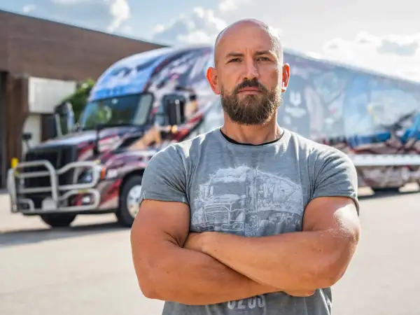 Dawid Andres, w sile wieku, z brodą, stoi przed ozdobioną ciężarówką.