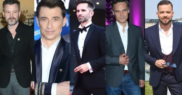 Pięciu polskich celebrytów w eleganckich strojach.